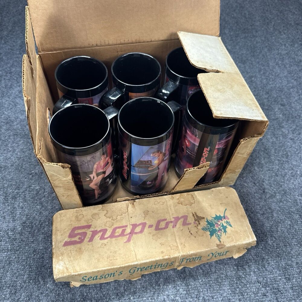Vintage Snap On Tools 6 Thermo Beer Coffee Mugs 1987 Pin-Up Girls Toolmate w/Box